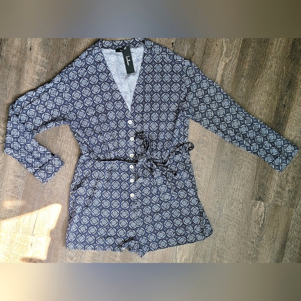 Lulu's Seaside Vaction Romper Women's L Navy & White Geometric Boho Long Sleeved